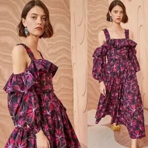 NWT ULLA JOHNSON Caprice Floral Cotton Midi Dress - Zinnia - Multicolor - Size 4